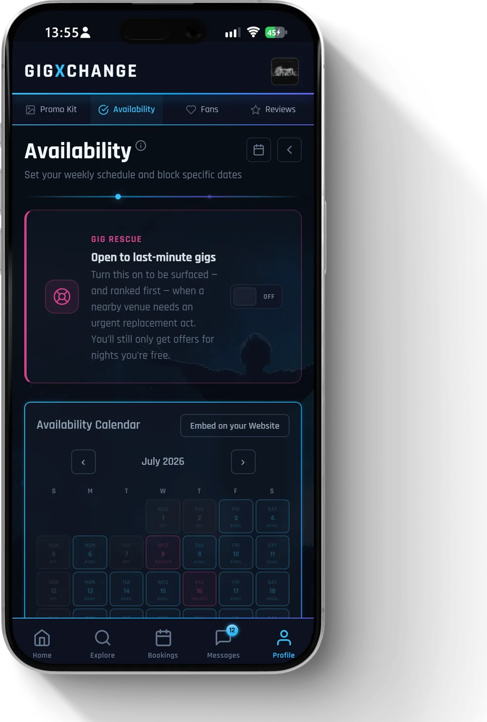 The availability calendar — set each day Available, Off, Hold or Booked