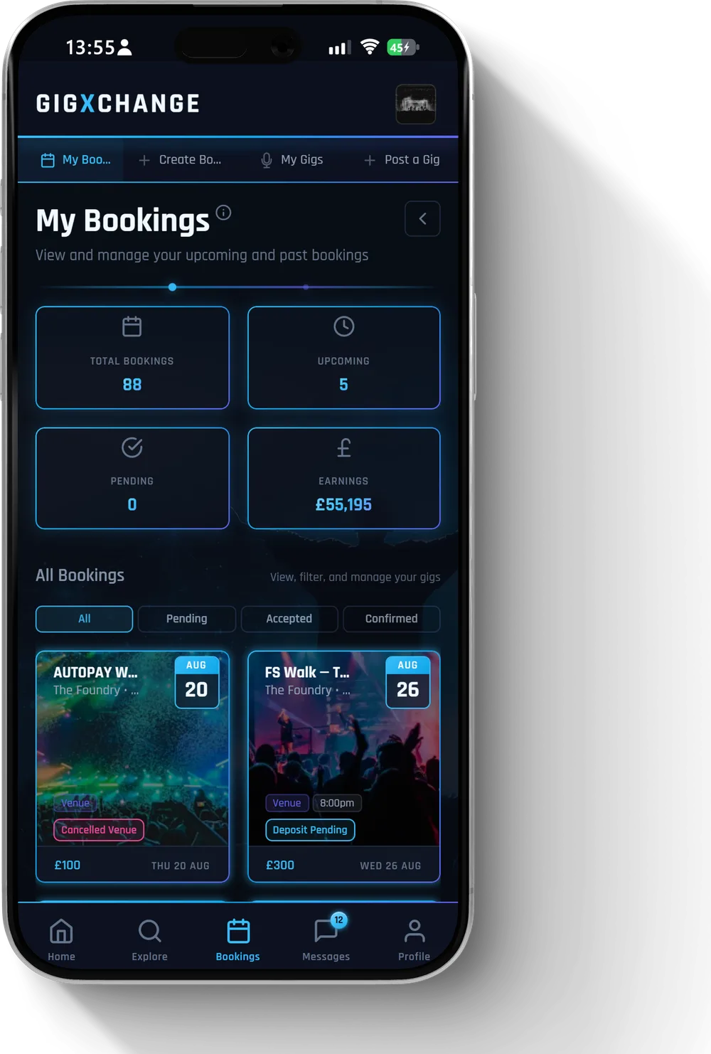 Your bookings, filtered by stage, with totals at the top