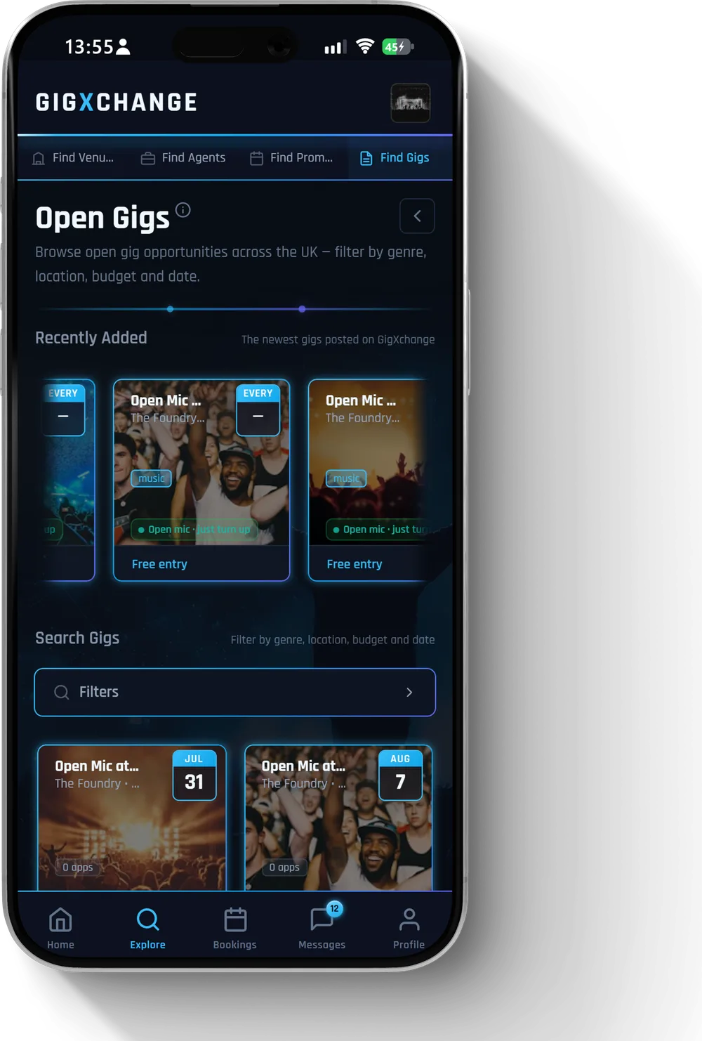 Find Gigs — filter by genre, city, date and budget