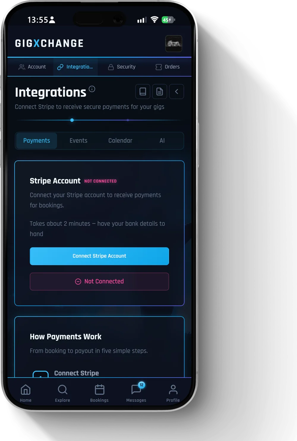 Settings > Integrations — where you connect Stripe