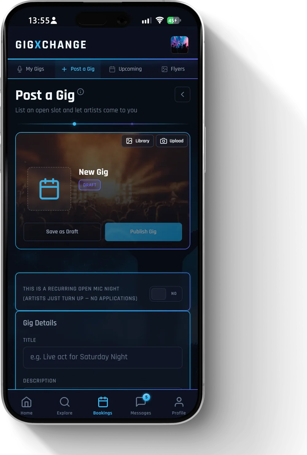 Post a Gig — date, location, genre and fee range