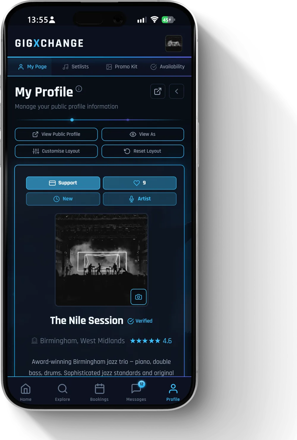 Your profile — bio, genres, fee range and media, all editable in place
