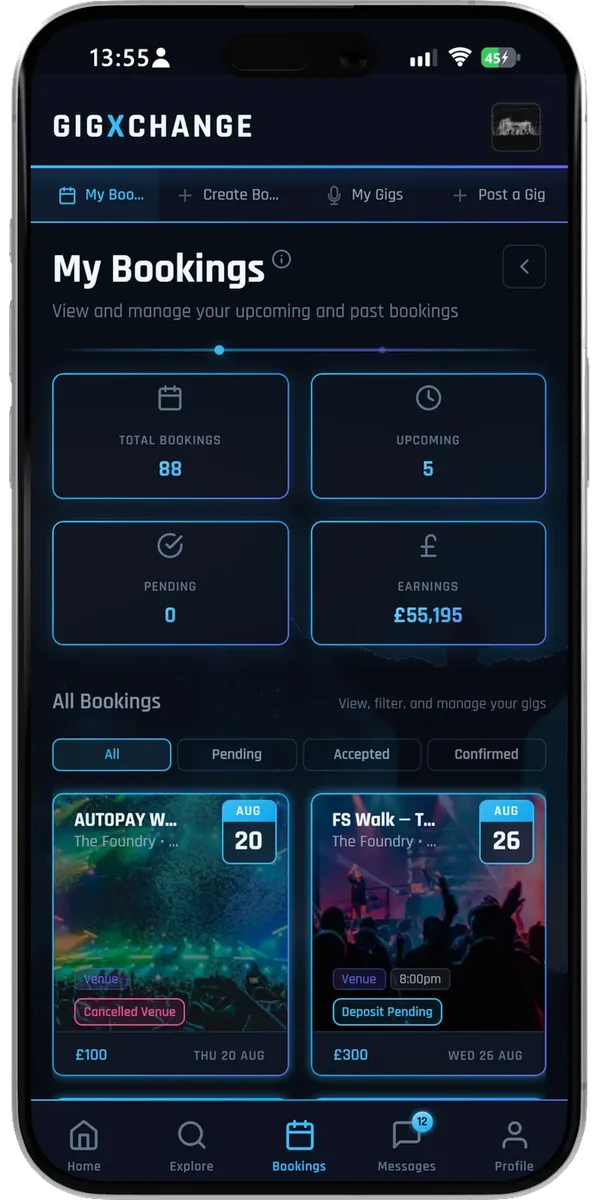 Book and pay securely - the GigXchange app, shown using a demo account