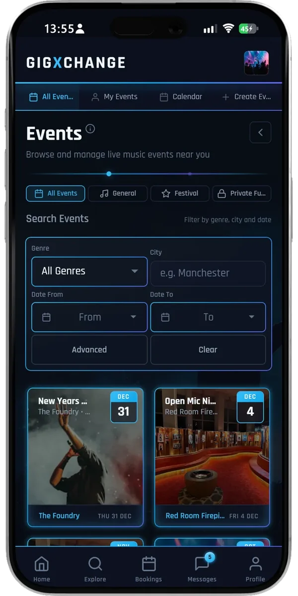 The Events screen in the GigXchange app - create your event, then browse acts and private-function listings near you