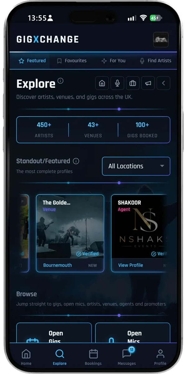 Find acts or post your gig - the GigXchange app, shown using a demo account