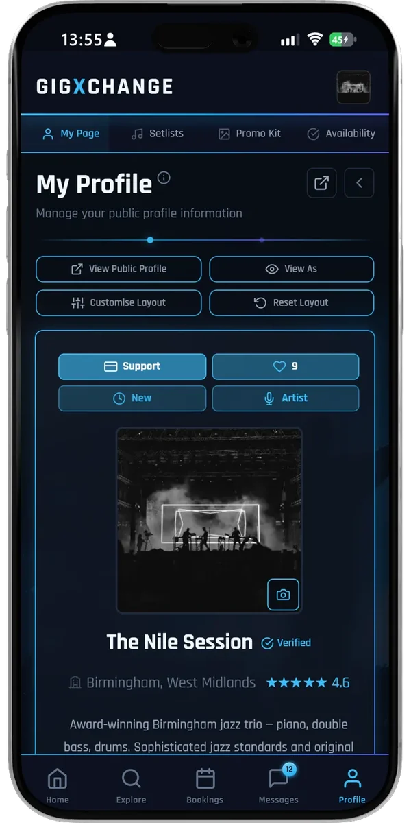 An artist profile in the GigXchange app - the page venues see when you apply, shown using a demo account