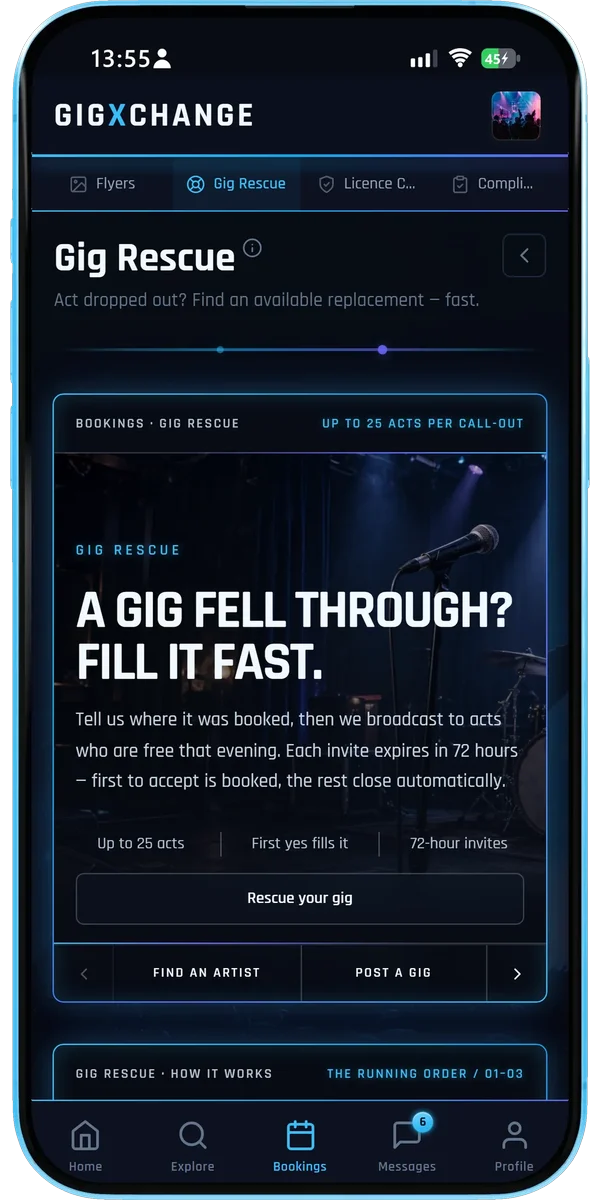 GX Gig Rescue in the GigXchange app - tell it where the gig was booked and it invites available acts near you