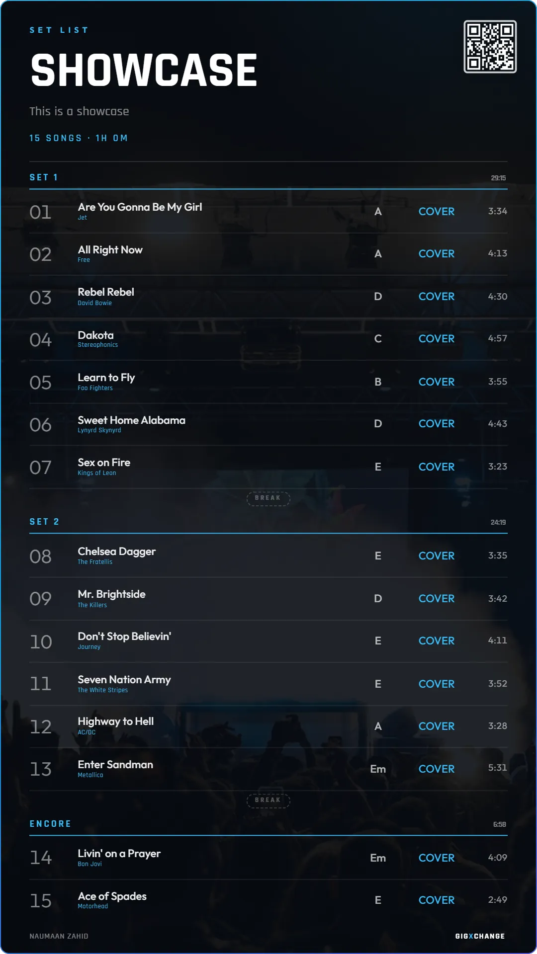 Setlist poster: Showcase — classic rock covers song list designed in the GigXchange setlist builder, bold poster style