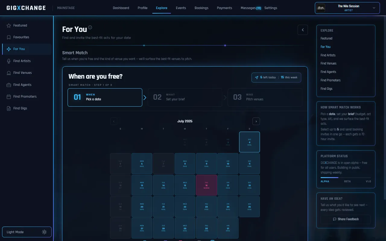 AI Matches — step 1, pick a free date on your real availability calendar