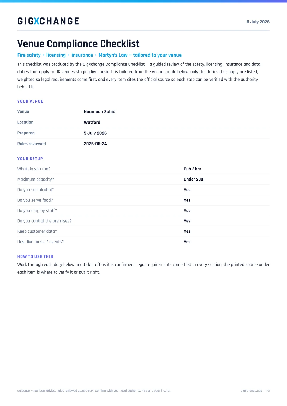 Blank venue compliance checklist PDF — the same tailored duties with empty tick boxes, ready to print for a walk-round