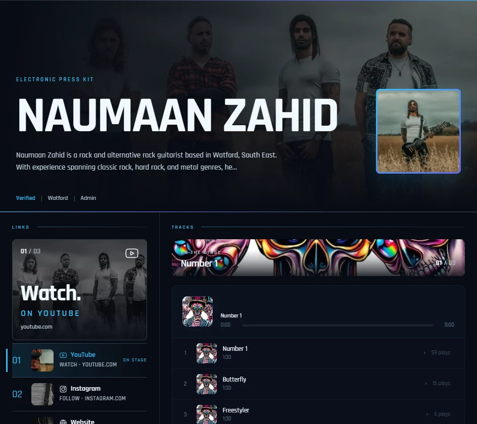 Electronic press kit example — the top of Naumaan Zahid's published EPK