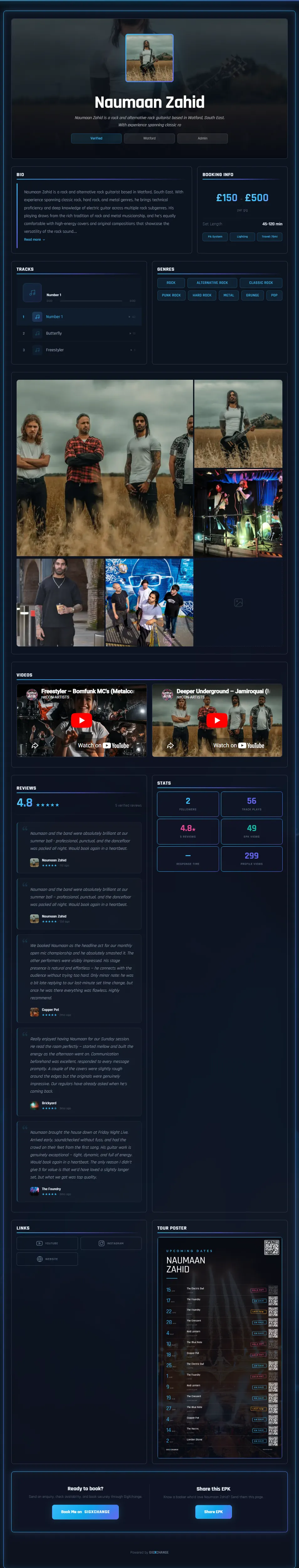 Electronic press kit example — Naumaan Zahid, full desktop page with sticky booker aside rails