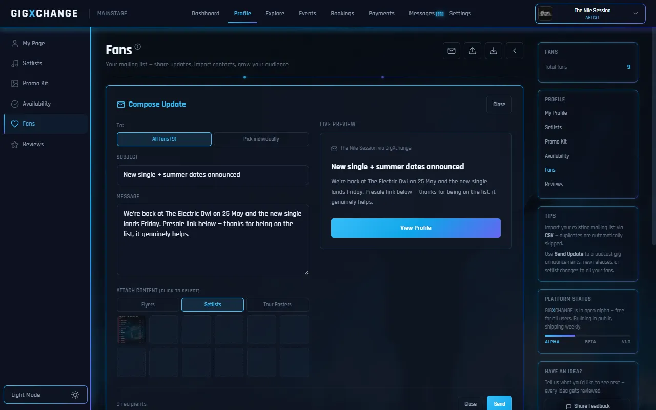 Fans & Mailing List — the update composer with live email preview and attachments