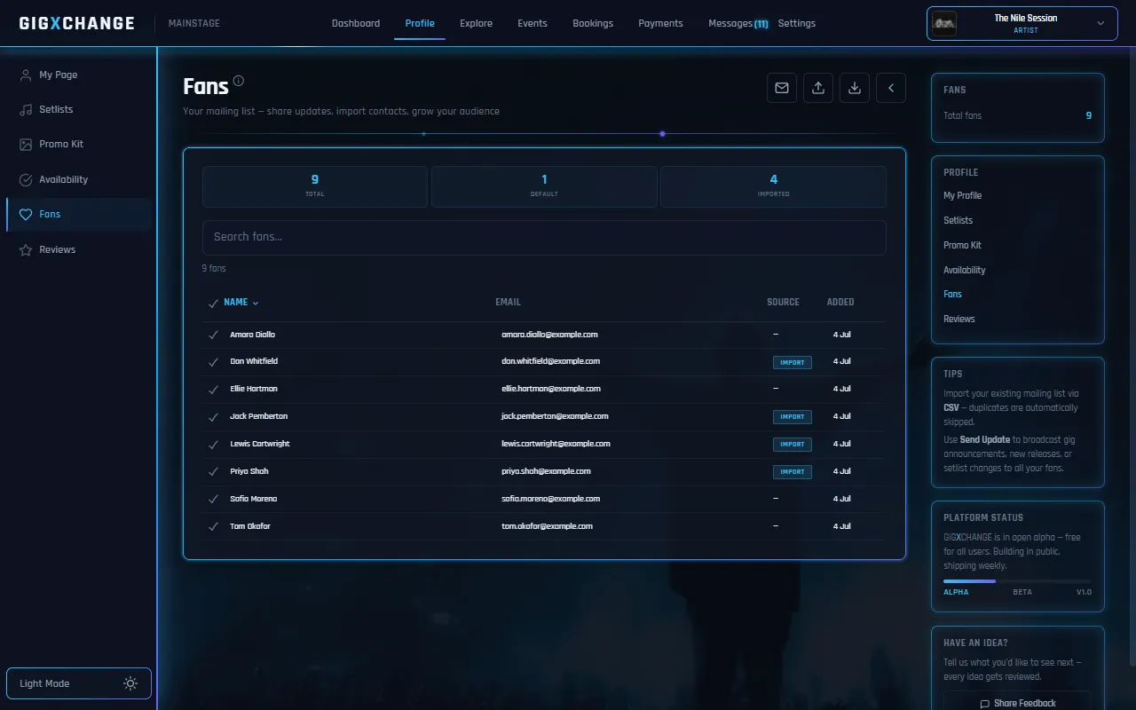 Fans & Mailing List — the fan list with import sources and search