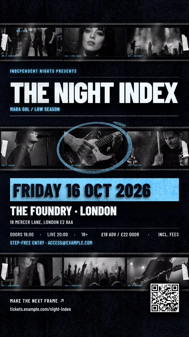 Live flyer page — the Contact Sheet design, as a member's own visitors see it