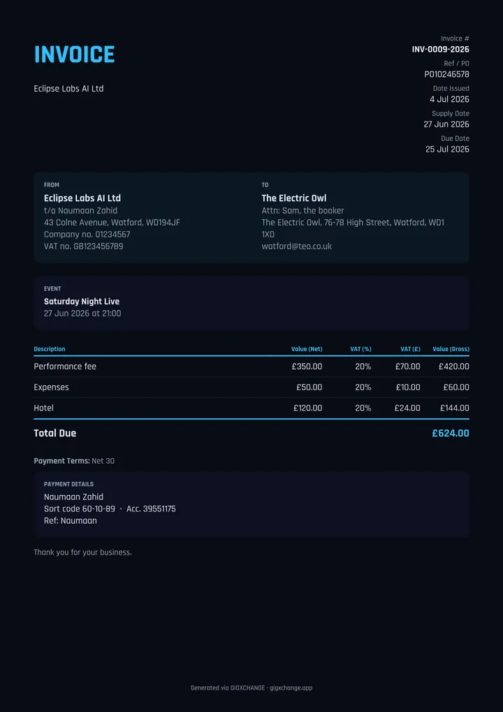 Invoice example (dark theme) — GigXchange-generated UK gig invoice with per-line VAT, payment terms, bank details and auto invoice number