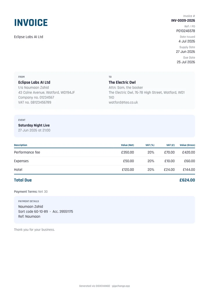 Invoice example (light theme) — GigXchange-generated UK gig invoice with per-line VAT, payment terms, bank details and auto invoice number