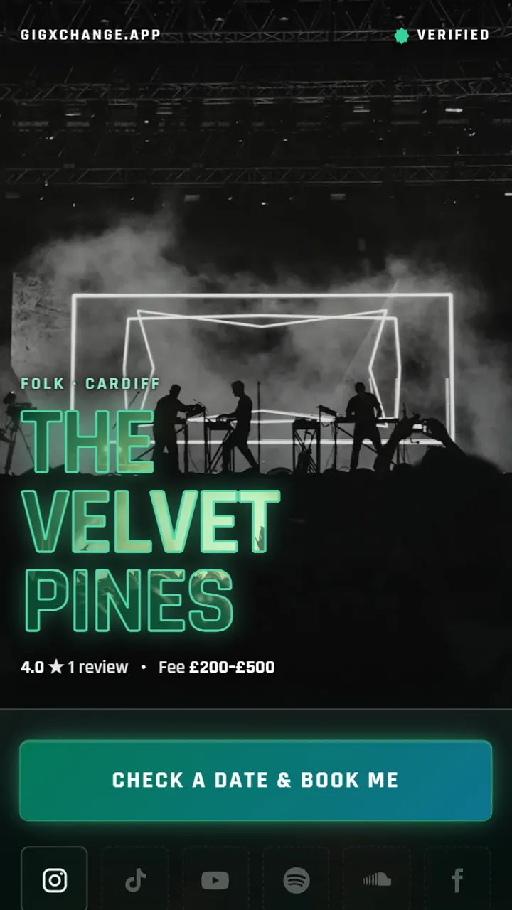 A real Instagram Microsite in the Emerald look - The Velvet Pines, a folk duo from Cardiff, with their booking button and social links