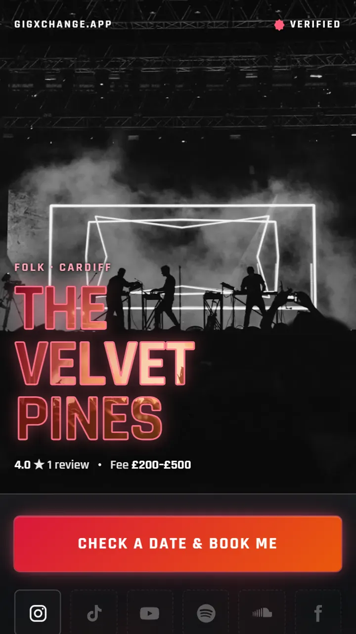 A real Instagram Microsite in the Ruby look - The Velvet Pines, a folk duo from Cardiff, with their booking button and social links