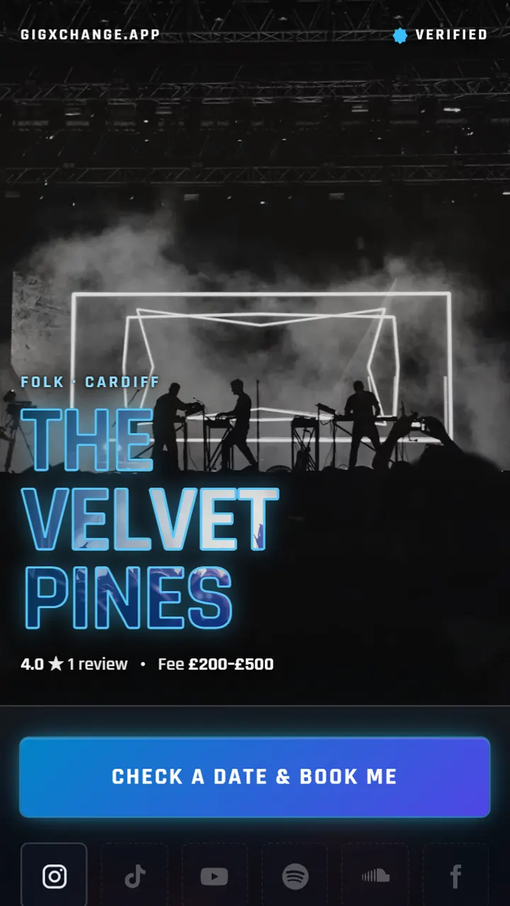 A real Instagram Microsite in the Sapphire look - The Velvet Pines, a folk duo from Cardiff, with their booking button and social links