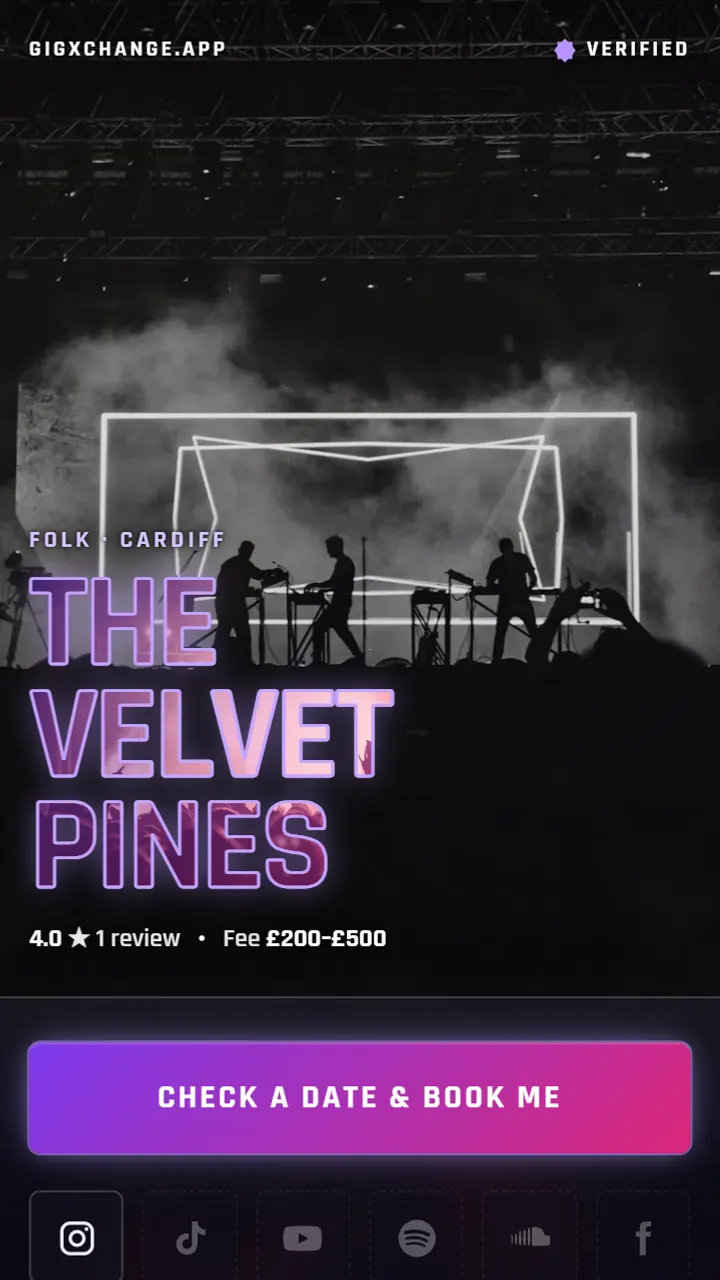 A real Instagram Microsite in the Topaz look - The Velvet Pines, a folk duo from Cardiff, with their booking button and social links
