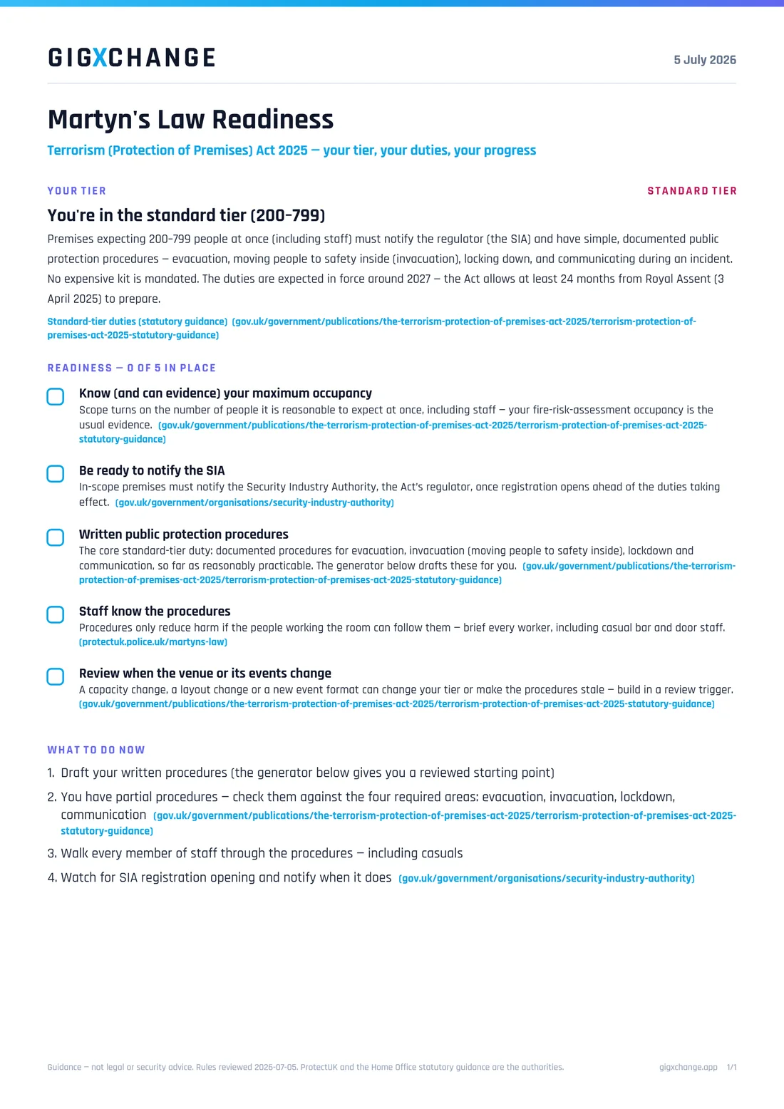 Martyn's Law Readiness PDF — standard-tier verdict for a 200-799 venue, five tickable duties with statutory-guidance sources, and a what-to-do-now plan