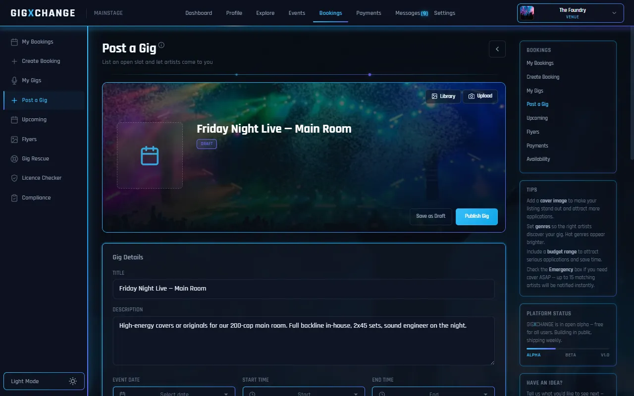Post a Gig — the listing form with live cover preview, budget range and publish button
