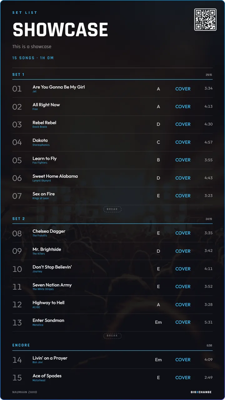 Setlist poster example — Minimal style, 15-song rock covers showcase set with keys, durations and set breaks