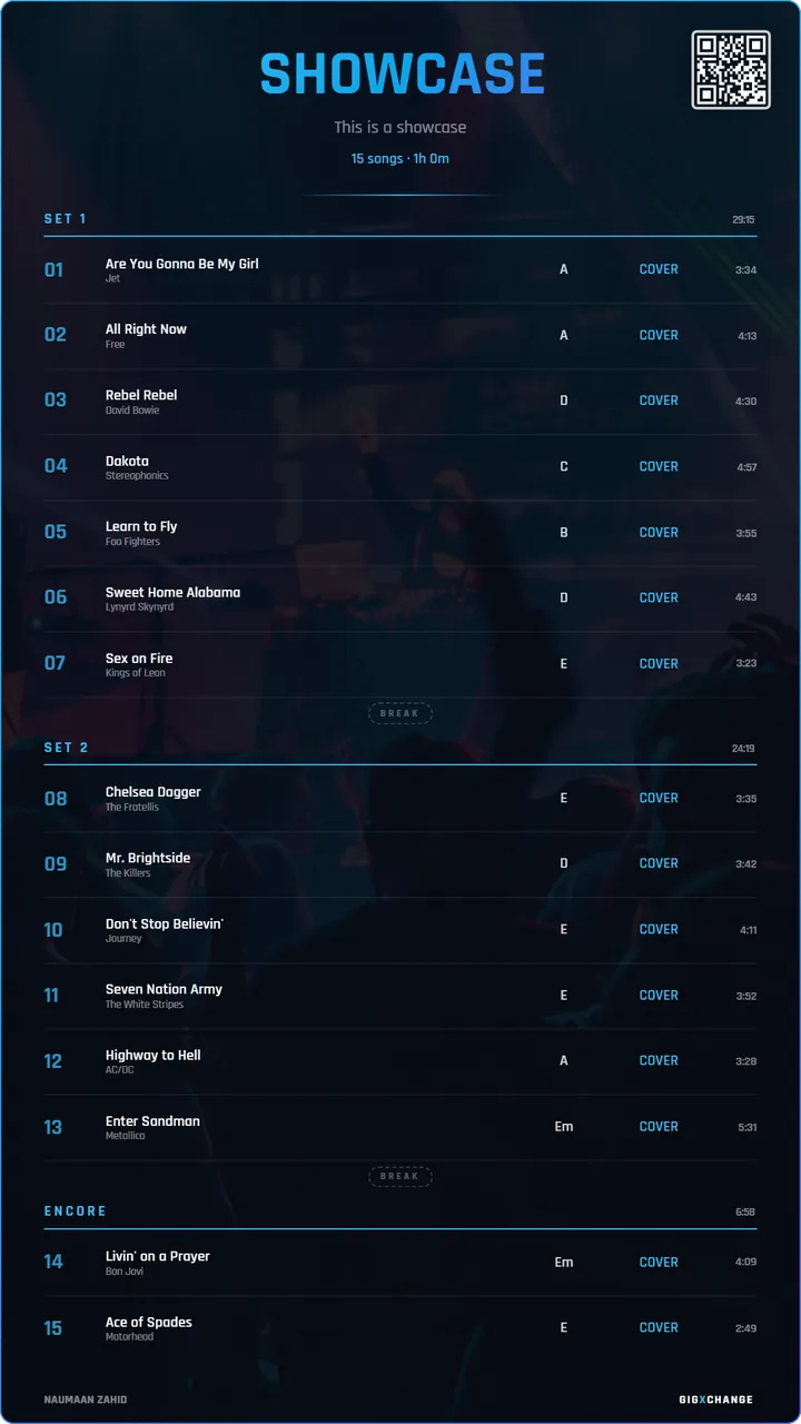 Setlist poster example — Modern style, 15-song rock covers showcase set with keys, durations and set breaks
