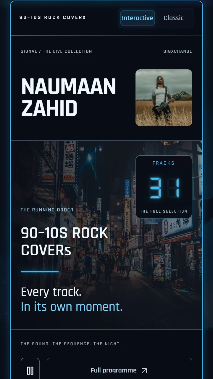 Setlist page — Signal look, built in the GigXchange setlist builder