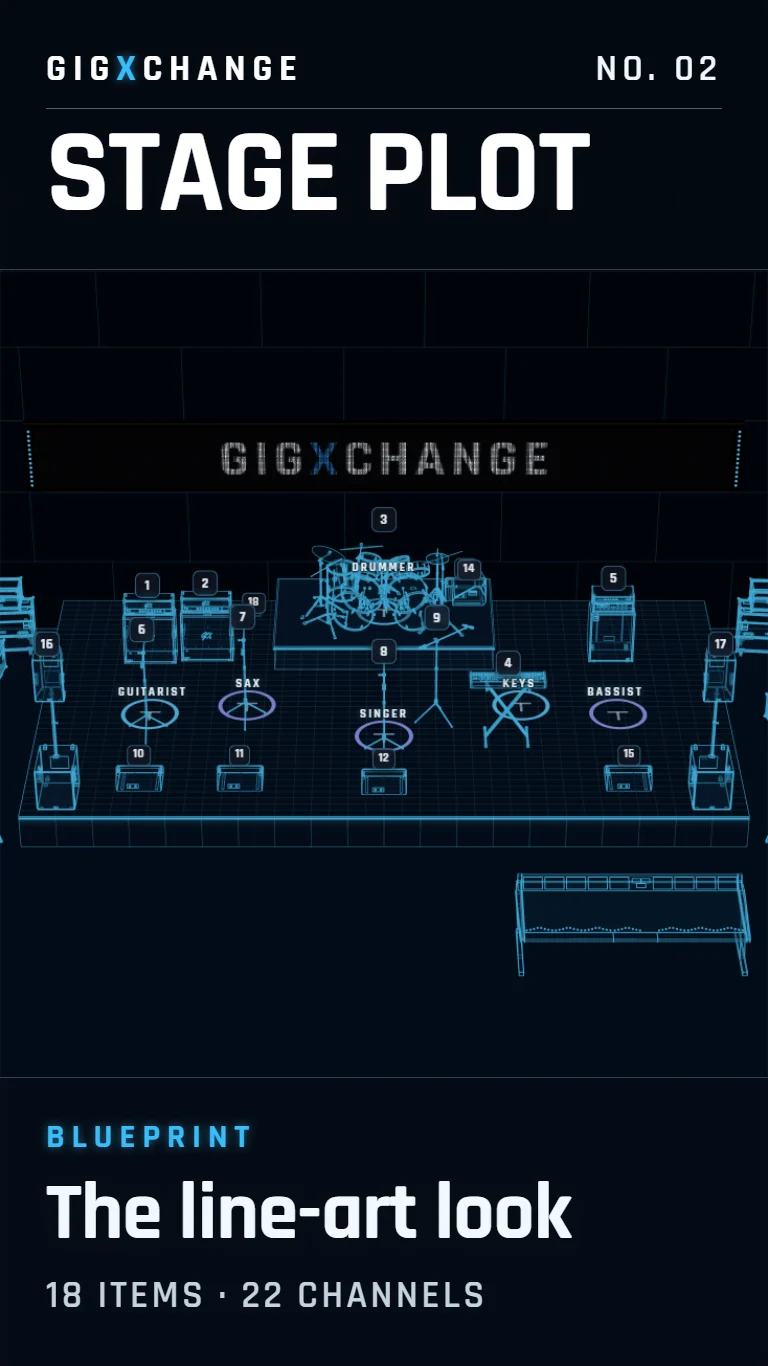 Live stage plot embed in the Blueprint look: the same 3D stage drawn as ice line art on a grid
